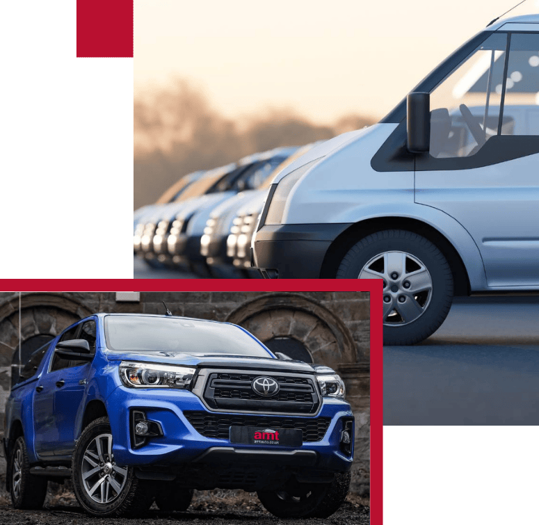 Commercial Vehicle Insurance by AMT Insurance Solutions, showing a Toyota Hi-Lux and a fleet of vans coverage for business use.