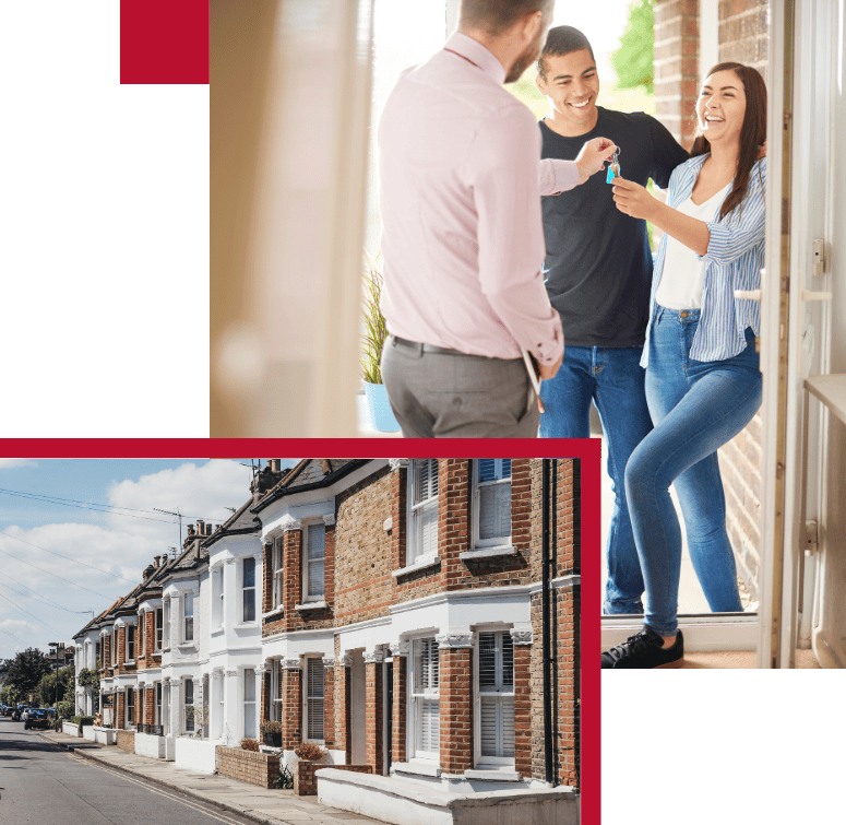 Landlord Insurance by AMT Insurance Solutions, featuring a residential building and a landlord, having over keys to a new owner, highlighting rental property protection.
