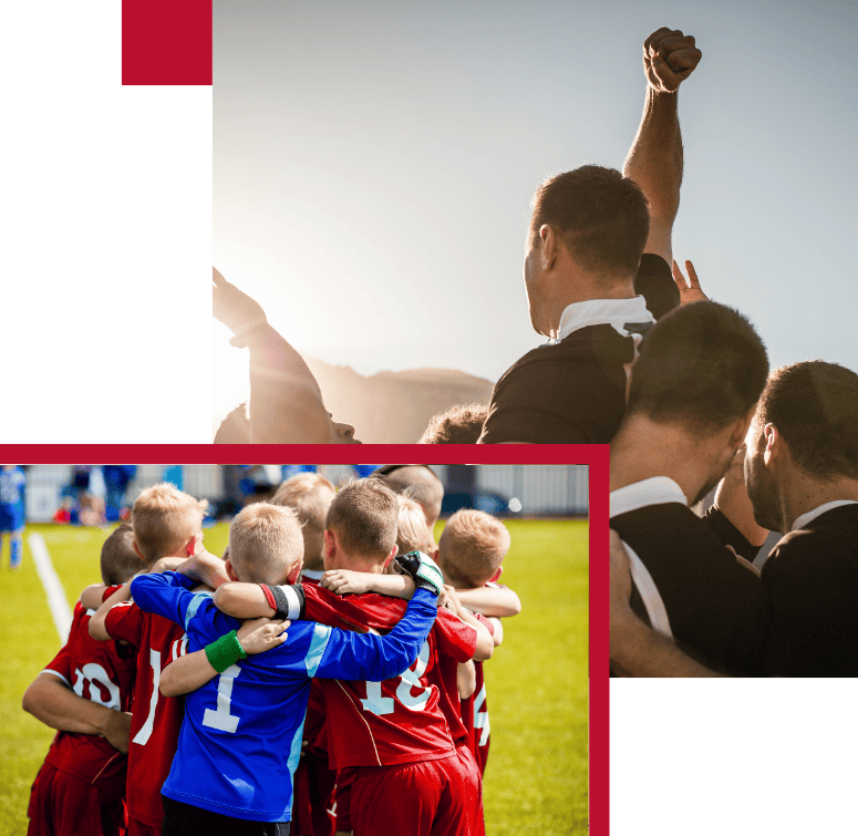 Sports & Social Club Insurance by AMT Insurance Solutions, showing a team huddle and celebration, representing specialist coverage for sports and social clubs.