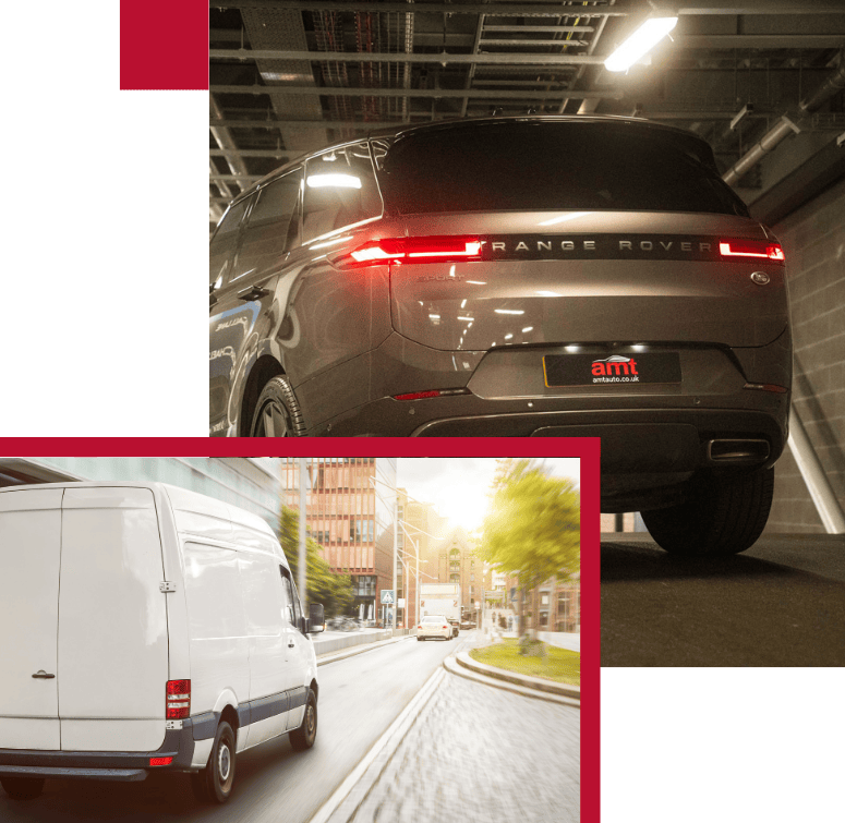 Company Car & Van Insurance by AMT Insurance Solutions, featuring a Range Rover and a van driving in a city, ensuring comprehensive business vehicle coverage.