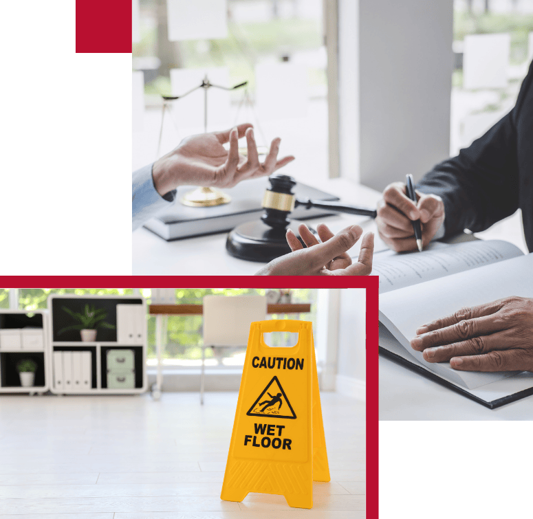 Public & Employers' Liability Insurance by AMT Insurance Solutions, showing a clean floor with a hazard sign and someone taking minutes in a lawyer's office, highlighting workplace safety and legal protection.