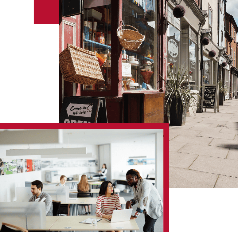 Shops & Offices Insurance by AMT Insurance Solutions, featuring a shopfront and an office space, illustrating tailored insurance for retail and business premises.